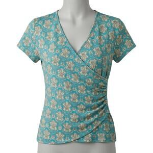 GUBERRY Blouse XL Green Tan Short Sleeve Faux Wrap Y2K Boho Prairie Hippie